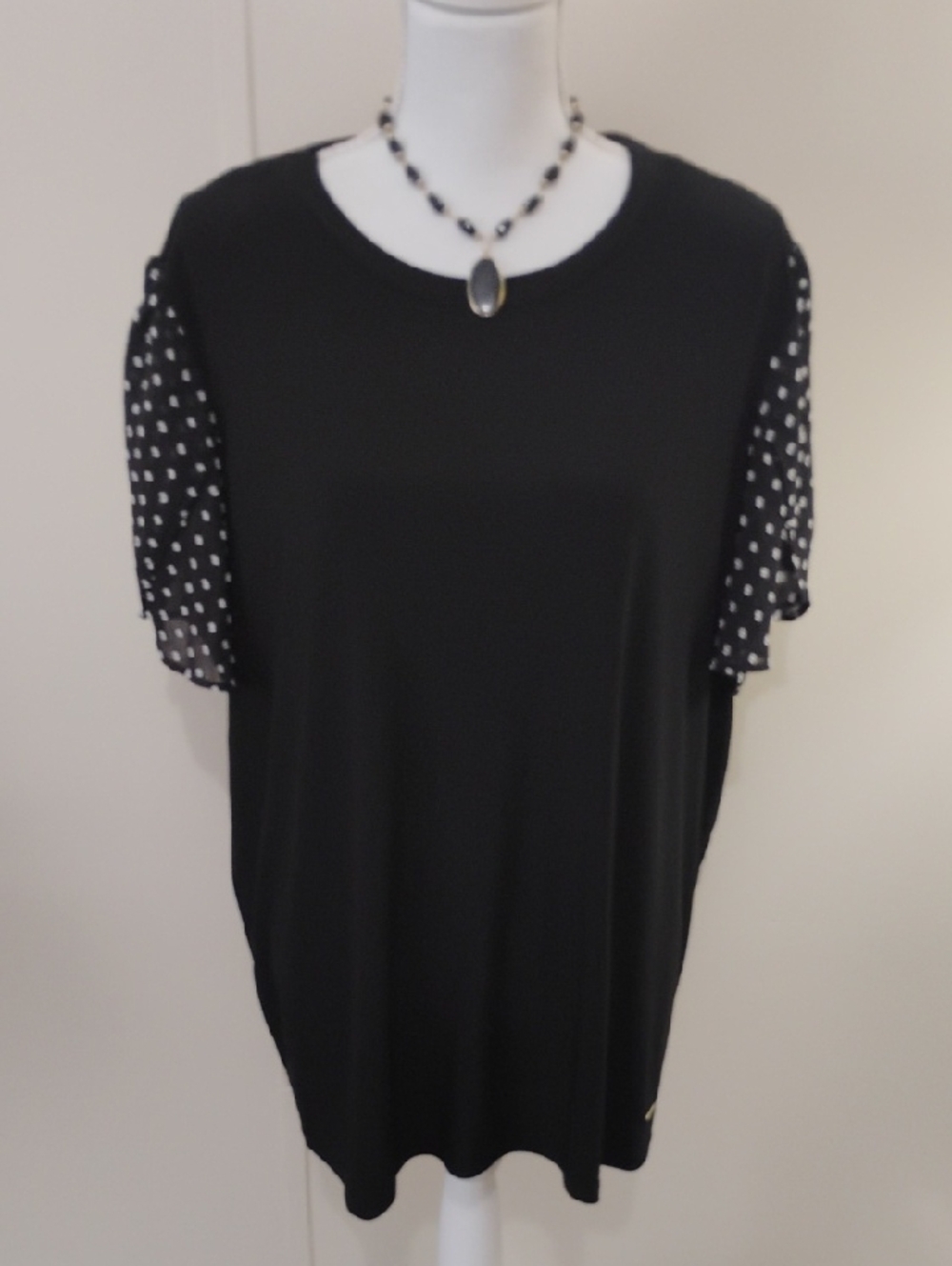 Anne Klein Black Short Sleeve Top with Polka Dot Sheer Sleeves